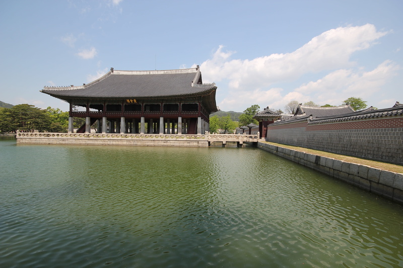 water, outdoors, travel destinations, building exterior, cloud - sky, no people, connection, river, architecture, plant, gyeonghoeru, nature, 5K, building