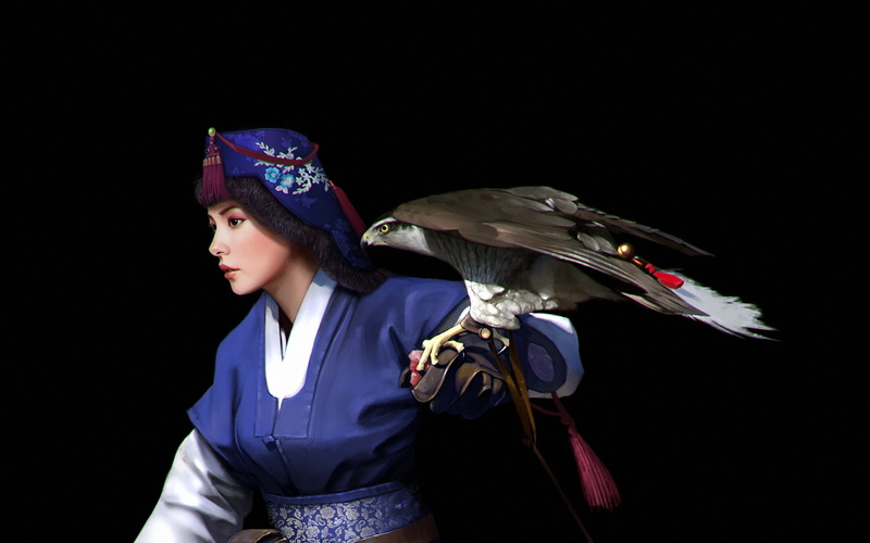 luminos, blue, black, white, joseon dynasty, females, beauty, women, standing, 1080P, fantasy, fashion, bird, holding, hawk, girl, pasari, black background