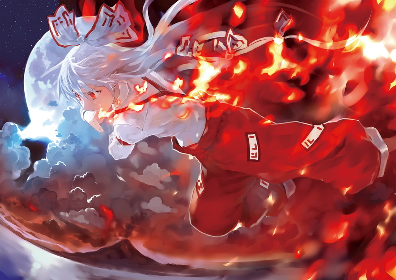 Touhou, 1080P, Fujiwara no Mokou, fire, Moon