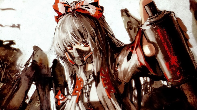 graffiti, 1080P, mask, artwork, gas masks, anime, anime girls, Fujiwara no Mokou, Touhou