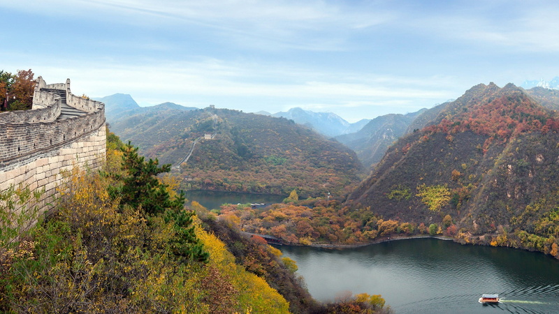 boat, China, Great Wall of China, forest, clouds, river, fall, trees, Beijing, nature, landscape, plants, 1080P