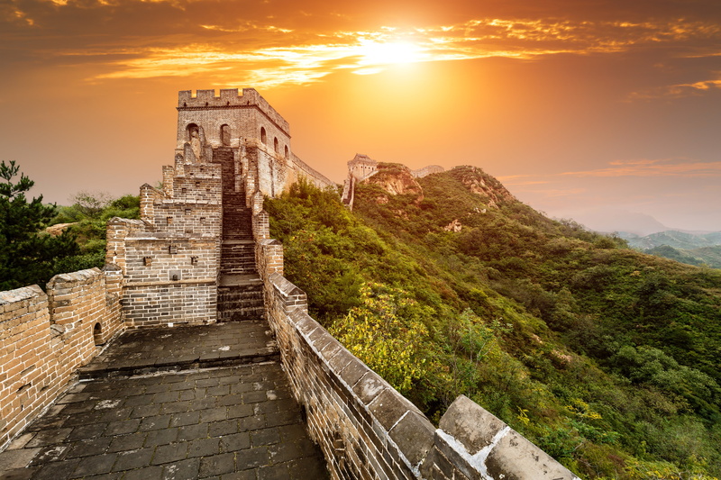 the past, history, travel destinations, mountains, sky, tourism, scenics - nature, China, no people, outdoors, ancient, The great wall of China, tree, orange color