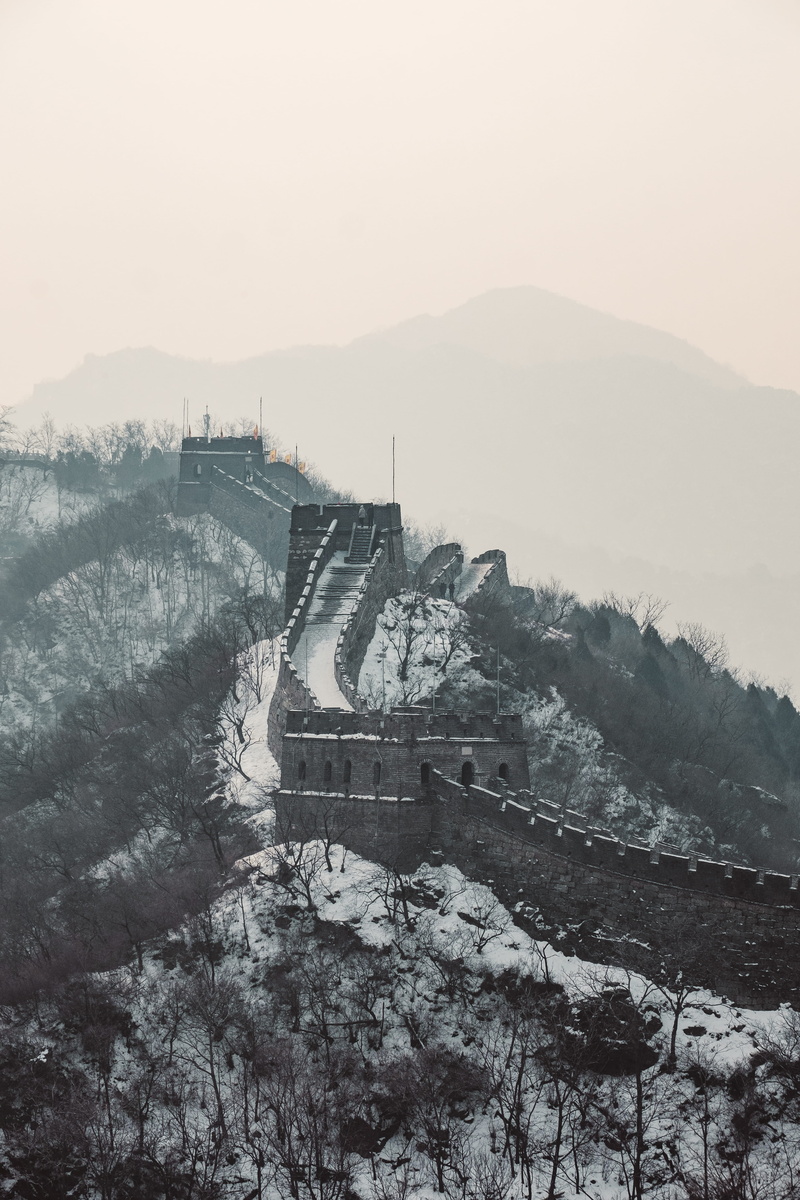 wall, mountains, mist, beijing, scenery, person, snow, architecture, building exterior, water, outdoors, human, building, great wall of china, travel, panoramic