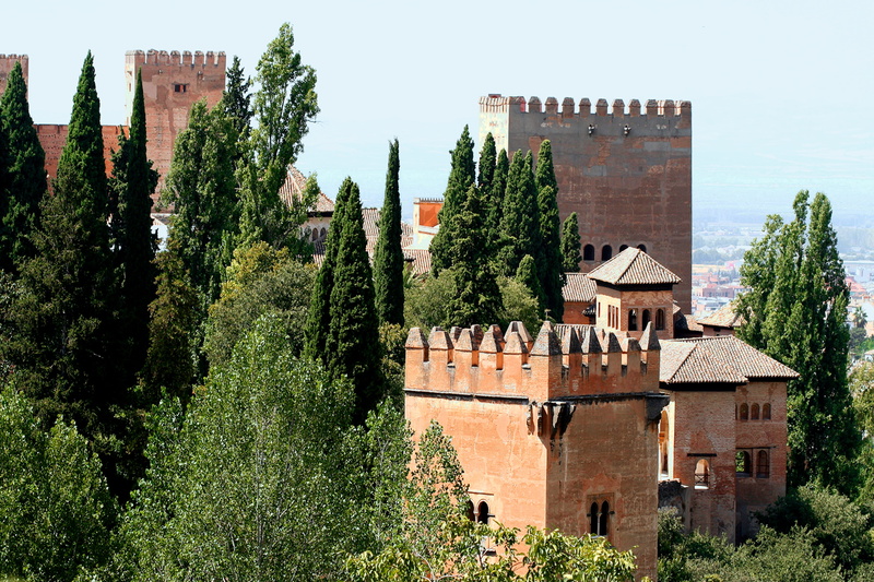 spain, tree, alhambra, historic, history, granada, fortified wall, fort, arch, the past, outdoors, landmark, old, wall, growth, castle, building, nature