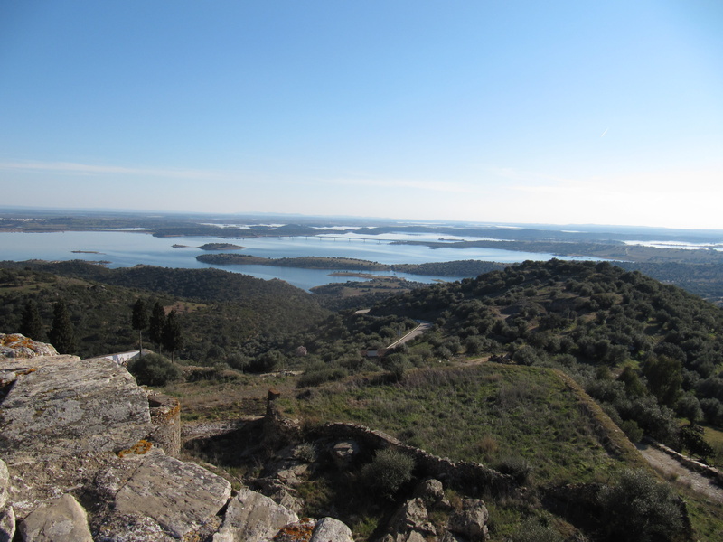 sky, landscape, non-urban scene, green, no people, blue, portugal, oliveira, water, tranquility, 4K, day, copy space, monsaraz e barragem de alqueva, mountain