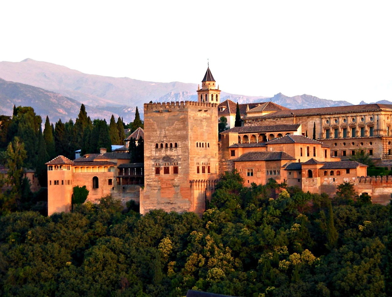 sky, tree, old, building exterior, arabic, the past, fortress, andalusia, mountain, city, outdoors, evening, europe, no people, building, monument, travel destinations
