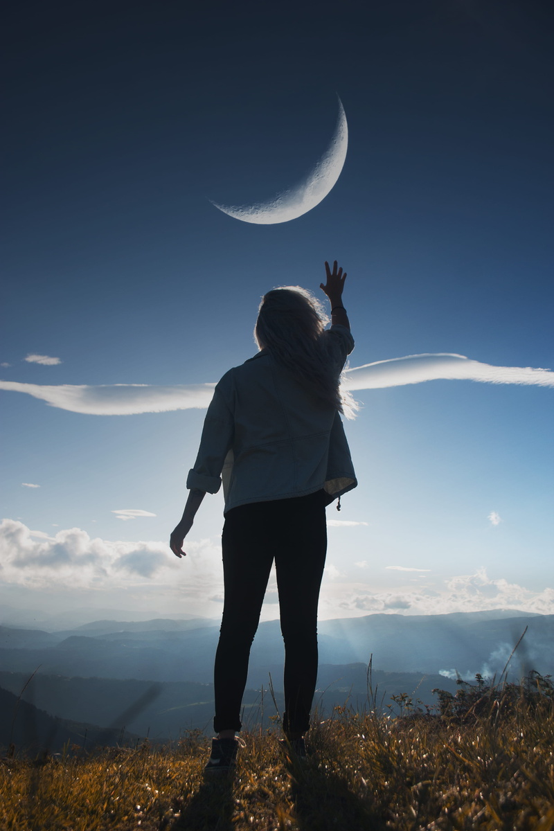 girl, mountain, sky, clouds, scenics - nature, awesome, environment, rear view, cloud - sky, full length, real people, model, night, field, standing, casual clothing