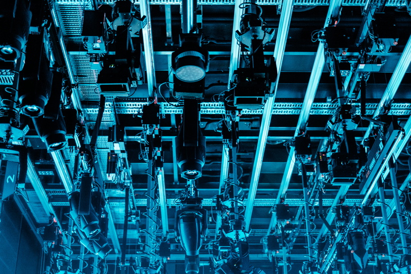 blue, cinema, transportation, pattern, movie, light, radio television suisse, tvstudio, metal, genève, indoors, set, human, stage, technology, person, large group of objects