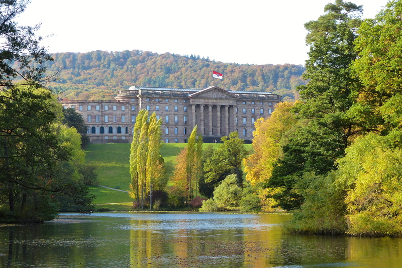 wilhelmshöhe, day, green color, building exterior, lake, clear sky, hesse, plant, tree, landmark, unique, water, outdoors, landscape, 4K, waterfront, world heritage