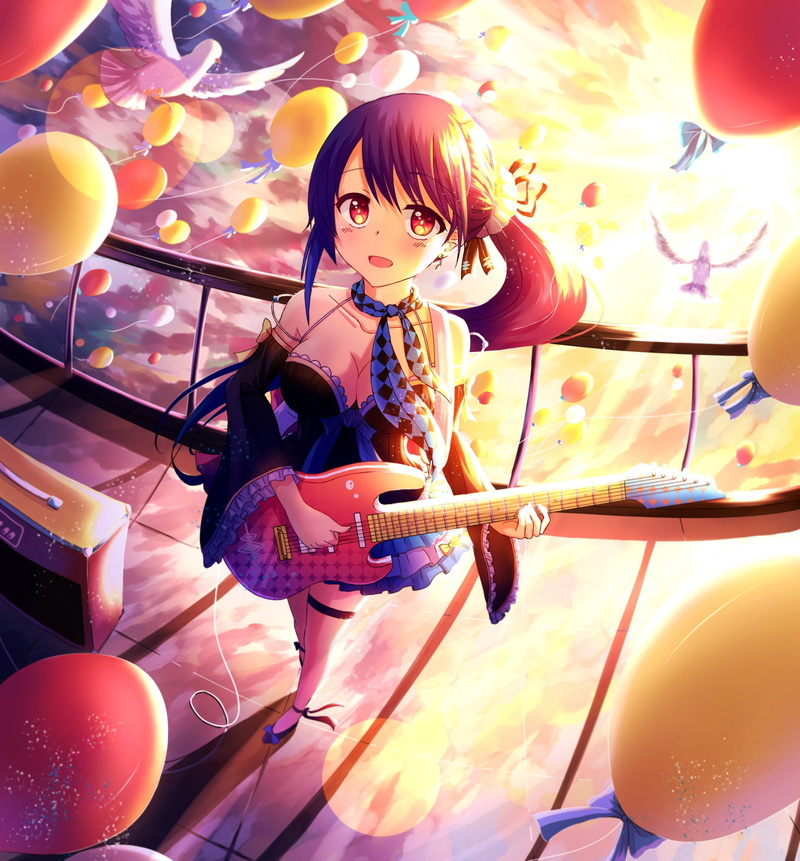 birds, clouds, Xin Hua, balloon, 1080P, bass guitars, anime, long hair, sky, ribbon, ponytail, anime girls, Vocaloid