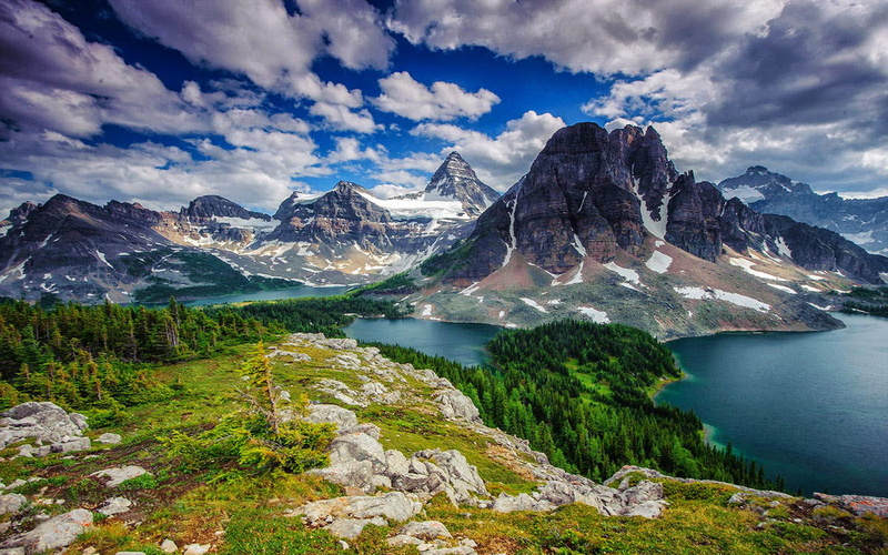 sky, plant, park, assiniboine, mountain peak, travel destinations, cloud - sky, tranquility, mountain range, located, lake, provincial, british, snowcapped mountain
