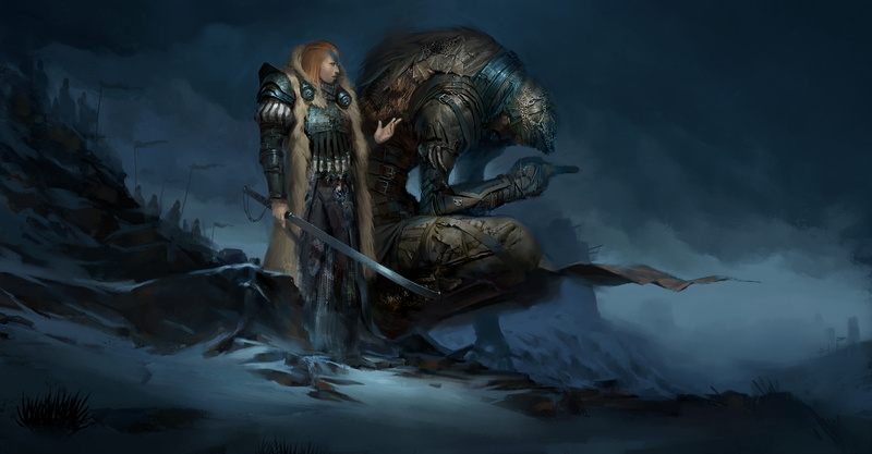 5K, gloomy, art, monster, History of the northern lands, sword, rocks, Glenyr Perforth, girl, army, clouds