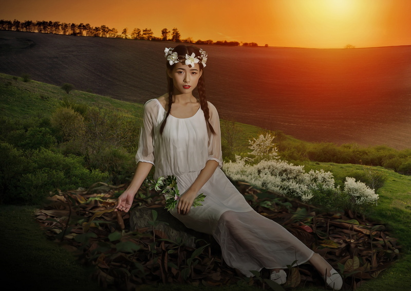 field, girl, art, mood, Asian, sunset, 4K, meadow, treatment, pose, sitting, flowers, hill, nature, dress, wreath, young, look, light