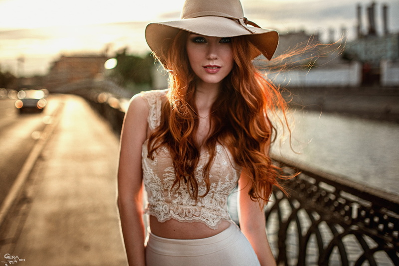 bridge, Mike, light, machine, George Chernyadev, skirt, bokeh, 1080P, the city, beautiful, portrait, red, hat, river, Hope Niyazova, the sun, road, look