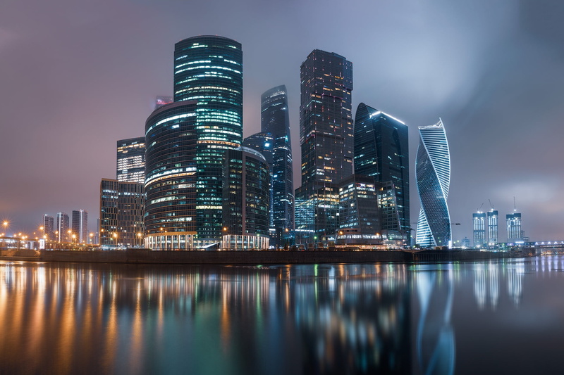 skyscrapers, home, river, the evening, Moscow-City, the city, Moscow, 1080P, reflection, building, megapolis, lighting, business center