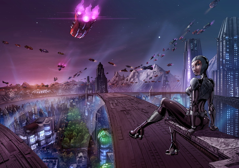 girl, megapolis, 8K, transport, the city, future, ships, art