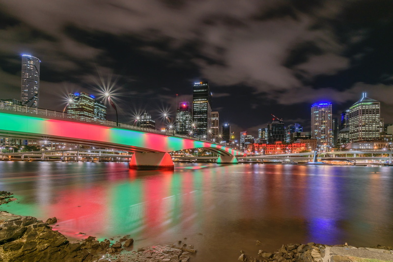 night, Brisbane, Australia, lights, 1080P, river, bridge, skyscrapers, megapolis