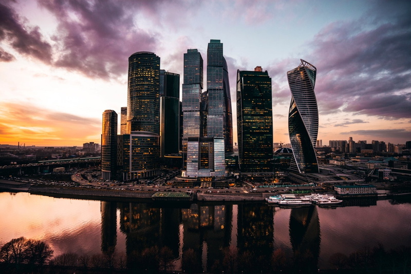 Skyscraper, Cities, Reflection, Moscow, 1080P, Sunset, River, City, Building