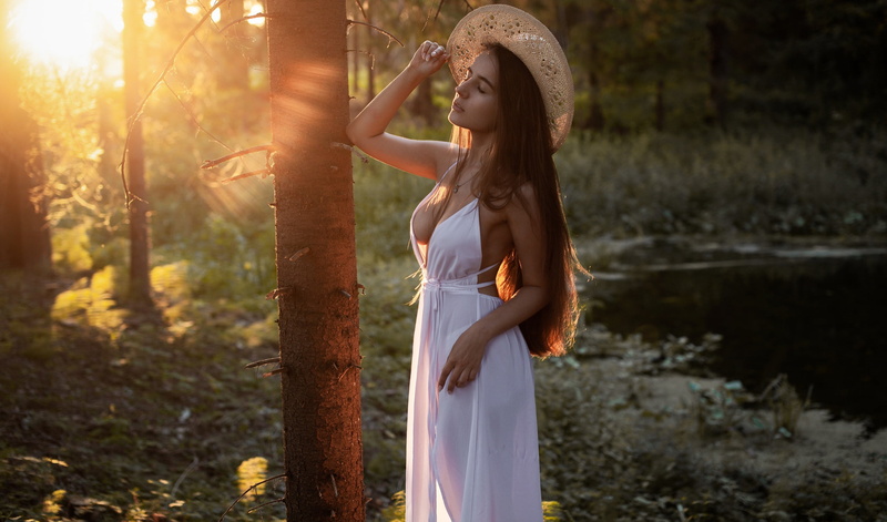 hair, river, forest, figure, the sun, beautiful, pose, 2K, girl, Andrey Frolov, Hope Zvezdochkina, hat, dress