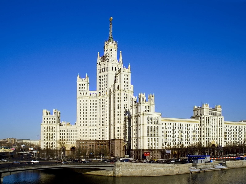 building, building Exterior, downtown District, skyscraper, city, spire, white, moscow university, clear sky, transportation, day, water, sky, office Building