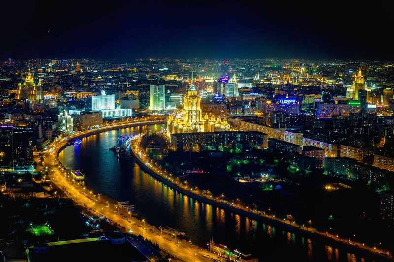 River, modern, city life, Aerial, bridge - man made structure, Moscow, architecture, skyscraper, light trail, Light, water, illuminated, building, Russia