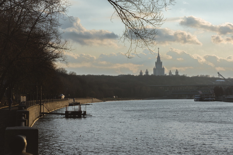 bare tree, forest, moscow, gorky central park of culture and leisure, spire, transportation, clouds, nature, evening, waterfront, place of worship, sky