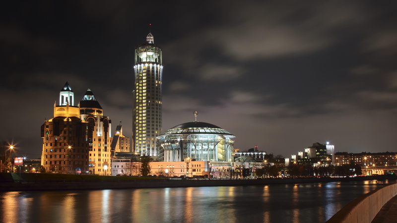city lights, building, night, outdoors, water, financial district, built structure, building exterior, city, city centre, illuminated, russia, reflection