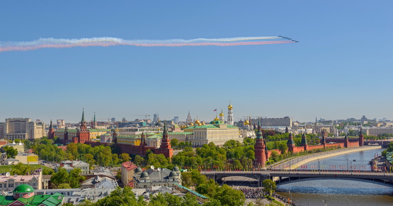 1080P, panorama, Russia, Moscow, May 9, Kremlin embankment, bridge, The Kremlin, river, aircraft, Big Stone bridge, The Moscow river