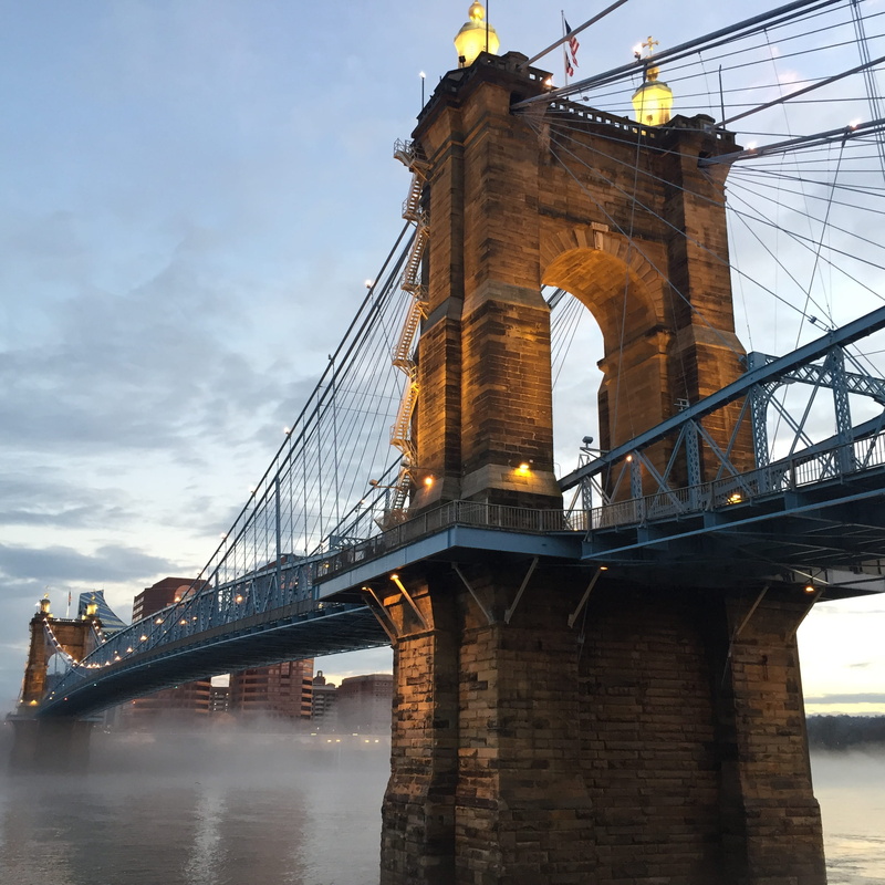 river, arch, travel destinations, city, engineering, long, connection, 1080P, fog, cincinnati, roebling suspension bridge, nature, water, clouds, outdoors