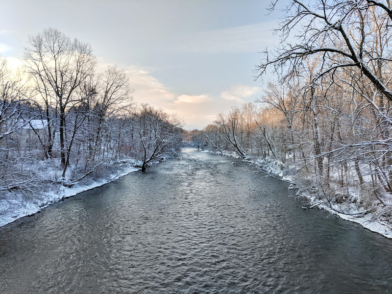 outdoors, bare tree, ice, nature, snow, river, flowing water, landscape, diminishing perspective, sinow, tranquility, scenics - nature, tranquil scene