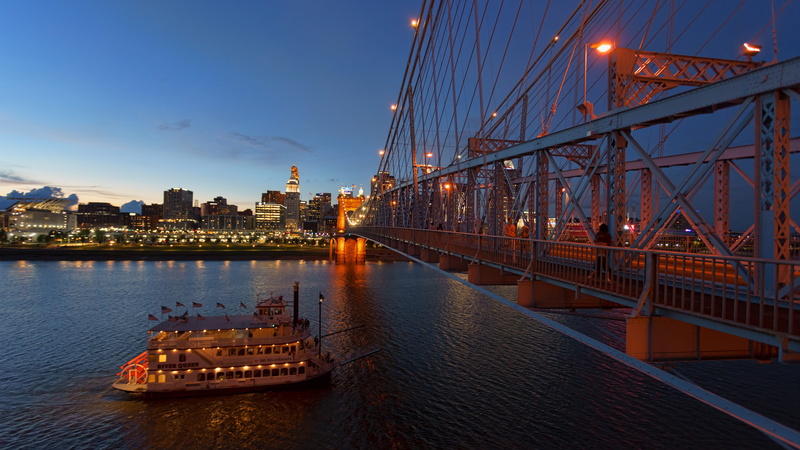 sunset, travel, no people, building exterior, transportation, metal, illuminated, night, ohio river, office building exterior, cityscape, lights, nautical vessel