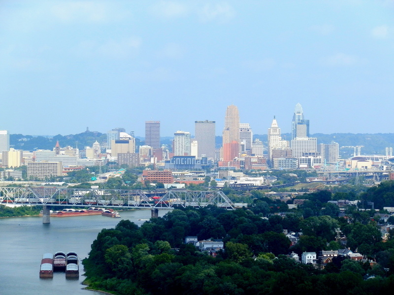 day, no people, building, motor vehicle, skyline, daytime, trees, outside, urban Scene, cincinnati, office building exterior, sky, cities, buildings, water