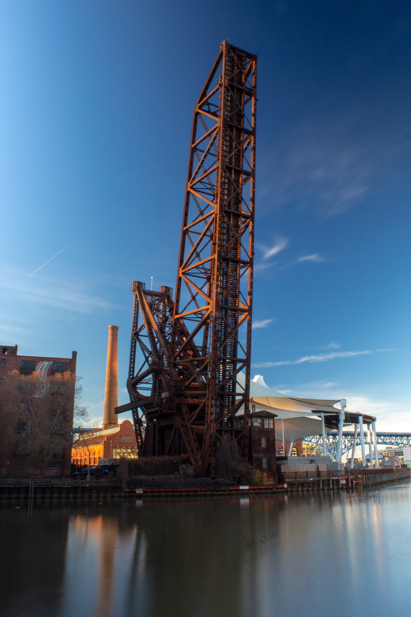 transportation, blue, dock, cleveland, sky, connection, machinery, flats, building, 5K, metal, silhouette, west bank, housing, cleveland ohio, pier, river