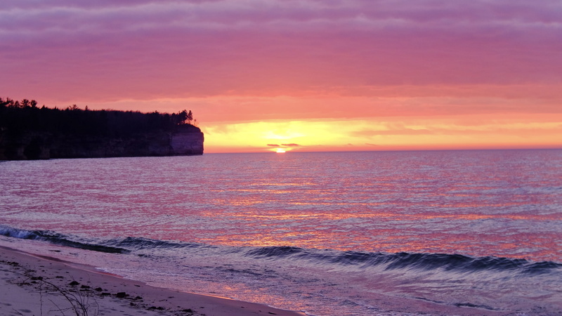 sunset, sea, idyllic, horizon, outdoors, orange color, lake, sky, cloud - sky, no people, sun, water, 2K, nature, pictured rocks national lakeshore, munising