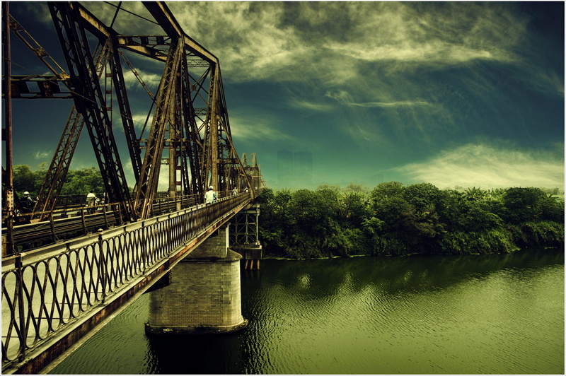 the red river, water, waterfront, 4K, tree, railing, cloud - sky, transportation, Long Bien Bridge, connection, tranquility, no people, beauty in nature