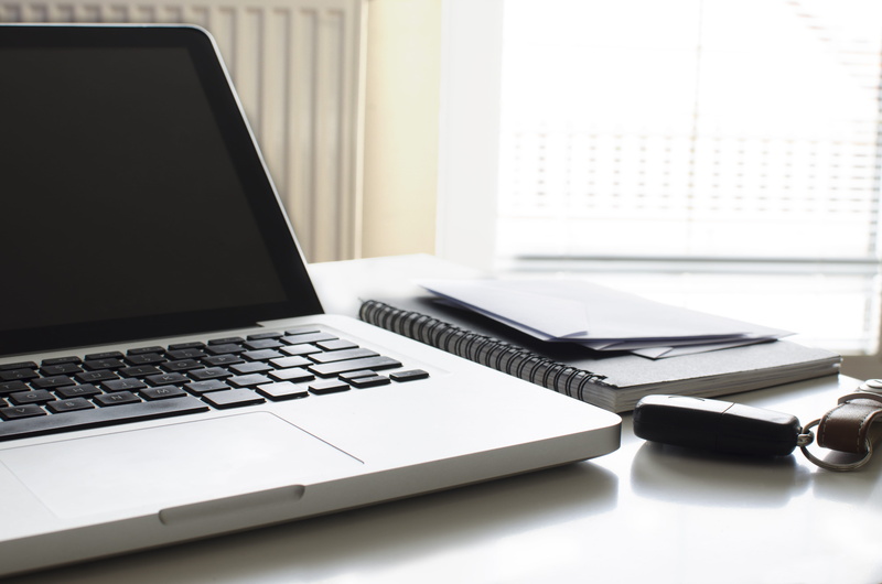 computer, workplace, car key, apple, modern, desk, electronics, white, notebook, spiral, laptop, black, furniture, computer equipment, work, wireless technology