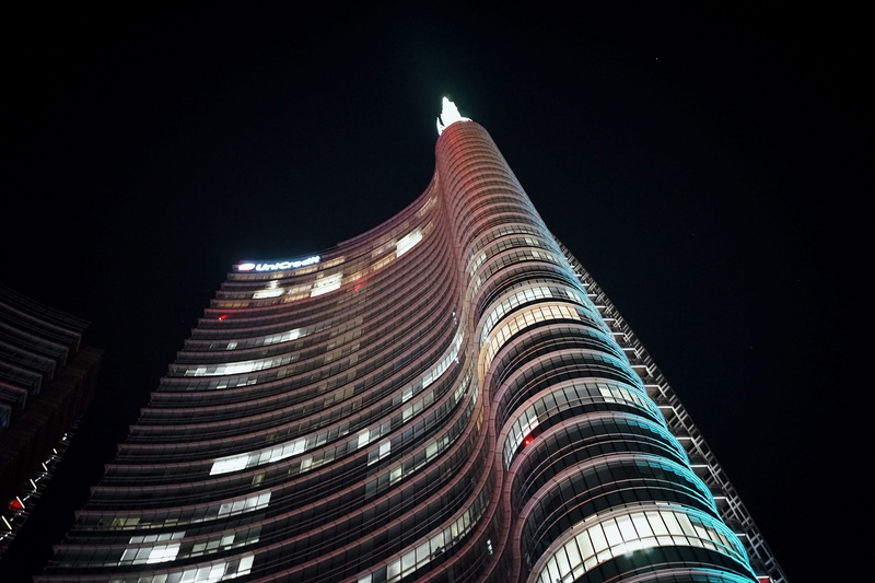 4K, travel destinations, illuminated, urban, low angle view, sky, city, office building exterior, milan, modern, long exposure, building exterior, milano