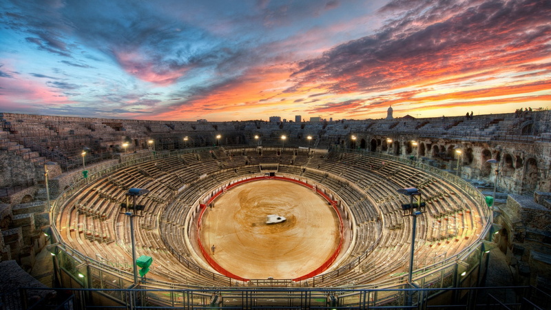 high angle view, Rome, sunlight, built structure, 1080P, no people, circle, stadium, cloud - sky, travel destinations, nature, orange color, HDR, sport
