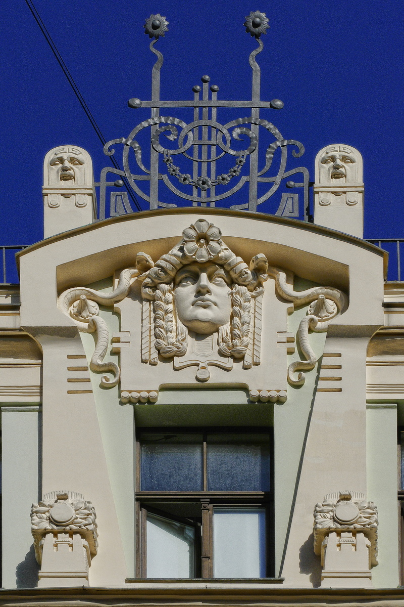 latvia, female likeness, old town, ornate, art nouveau, baltic states, building exterior, belief, secessionists, low angle view, religion, representation