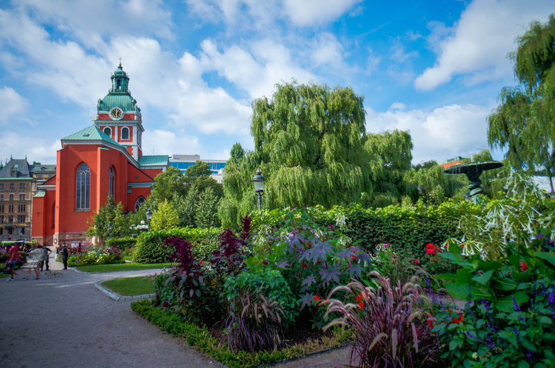 architecture, day, sweden, garden path, cloud - sky, plant, place of worship, gamla, flowers, stan, beauty in nature, green color, nature, landscape, outdoor