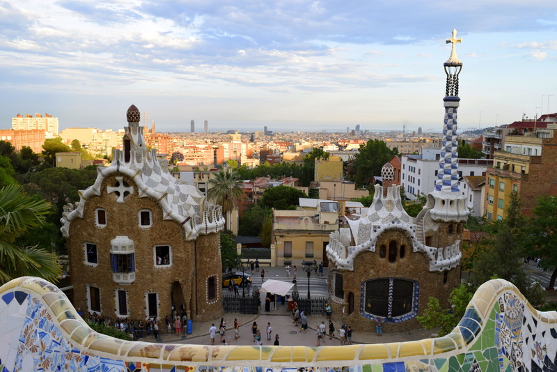 tourism, history, sky, 4K, cityscape, incidental people, architecture, travel, city, nature, high angle view, park guell, outdoors, place of worship, barcelona