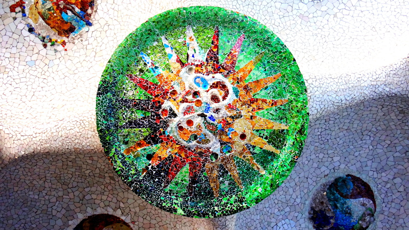 sunburst, parc guell, paint, nature, high angle view, barcelona, park güell, green color, flooring, multi colored, spain, shape, creativity, sun, guell park