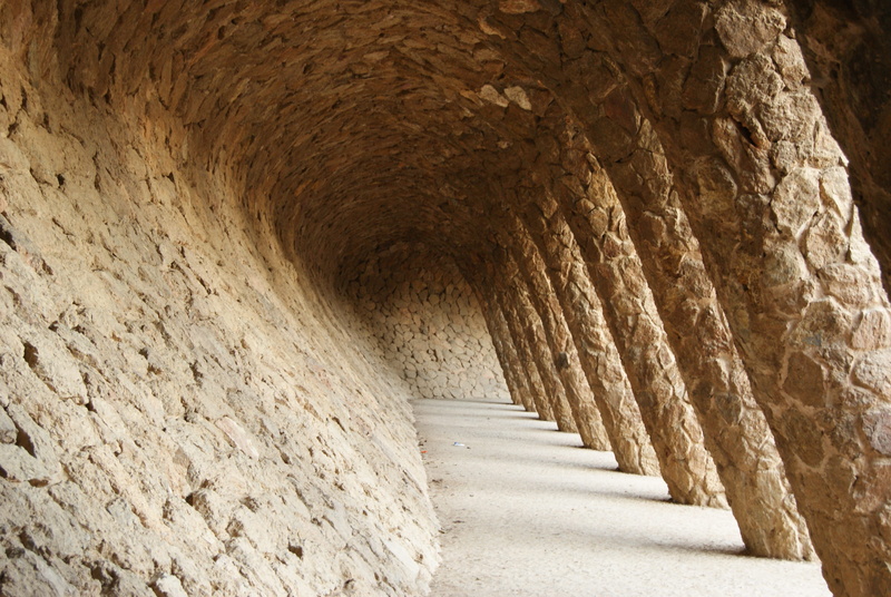 4K, architecture, park guell, corridor, in a row, arch, architectural column, building, colonnade, built structure, staircase, arcade, gaudí, indoors