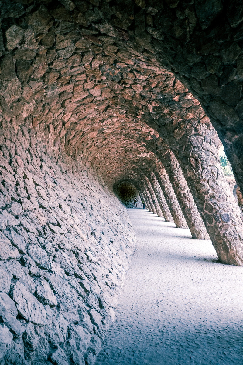 wall, indoors, snow, cold temperature, tunnel, wall - building feature, gaudi, arch, direction, spain, day, winter, solid, no people, park güell, 4K, the way forward