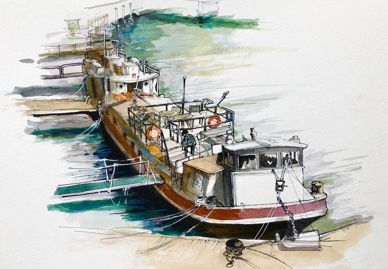 figure, barge, 2K, The Banks Of The Seine, Aquarel