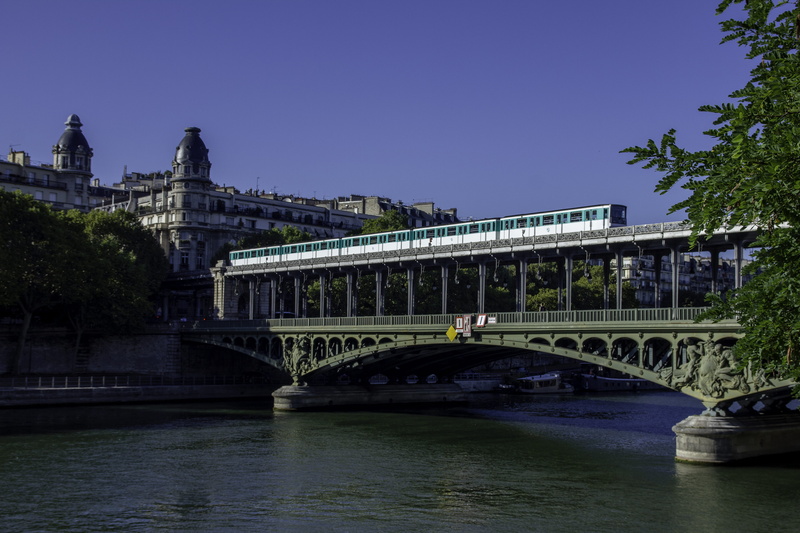 paris, train, building exterior, clear sky, green, city, water, bridge - man made structure, metropolitain, france, plant, outdoors, landscape, connection
