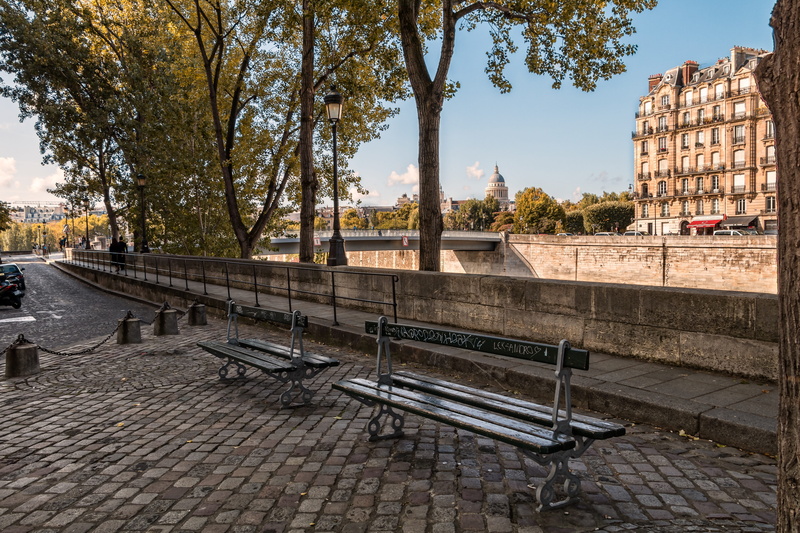 bench, railing, tourism, stone, sky, plant, day, seine, paris, 5K, tree, park, city, footpath, cobblestone, france, outdoors, water, nature, built structure