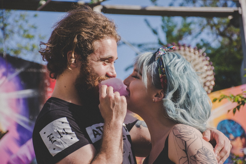 eyes, two people, daytime, candy, portrait, people, blue hair, lifestyles, headshot, happy, hair, candy floss, couple - relationship, female, hairstyle