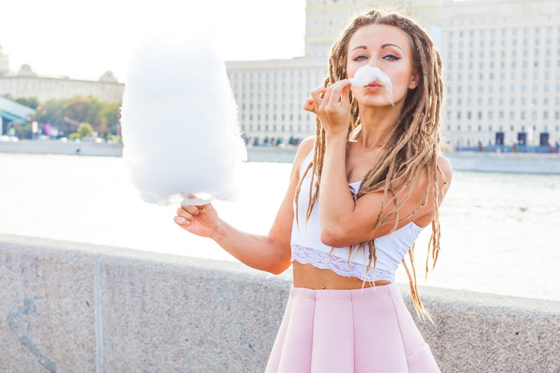 dreadlocks, makeup, cotton candy, skirt, braids, the city, hairstyle, girl, promenade, river, 2K, topic, brown hair, mustache
