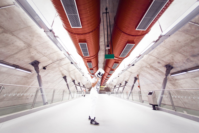 brown, marshmello, built structure, sneakers, standing, real people, scary, metro, wall, face, day, serjosoza, marshmallowmusic, the way forward, pipes